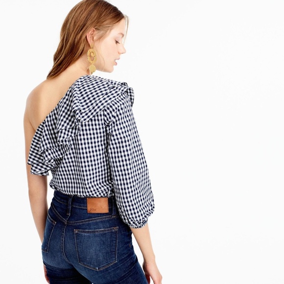 ⛔sold⛔J Crew Gingham One Shoulder Ruffle Blouse - Picture 2 of 7